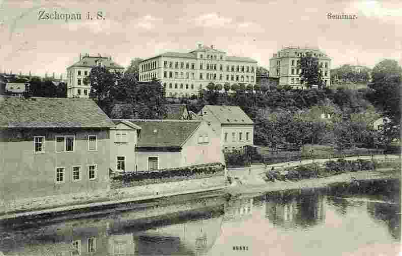 Zschopau. Blick mit fluss am Stadt und Königliche Seminar, 1905
